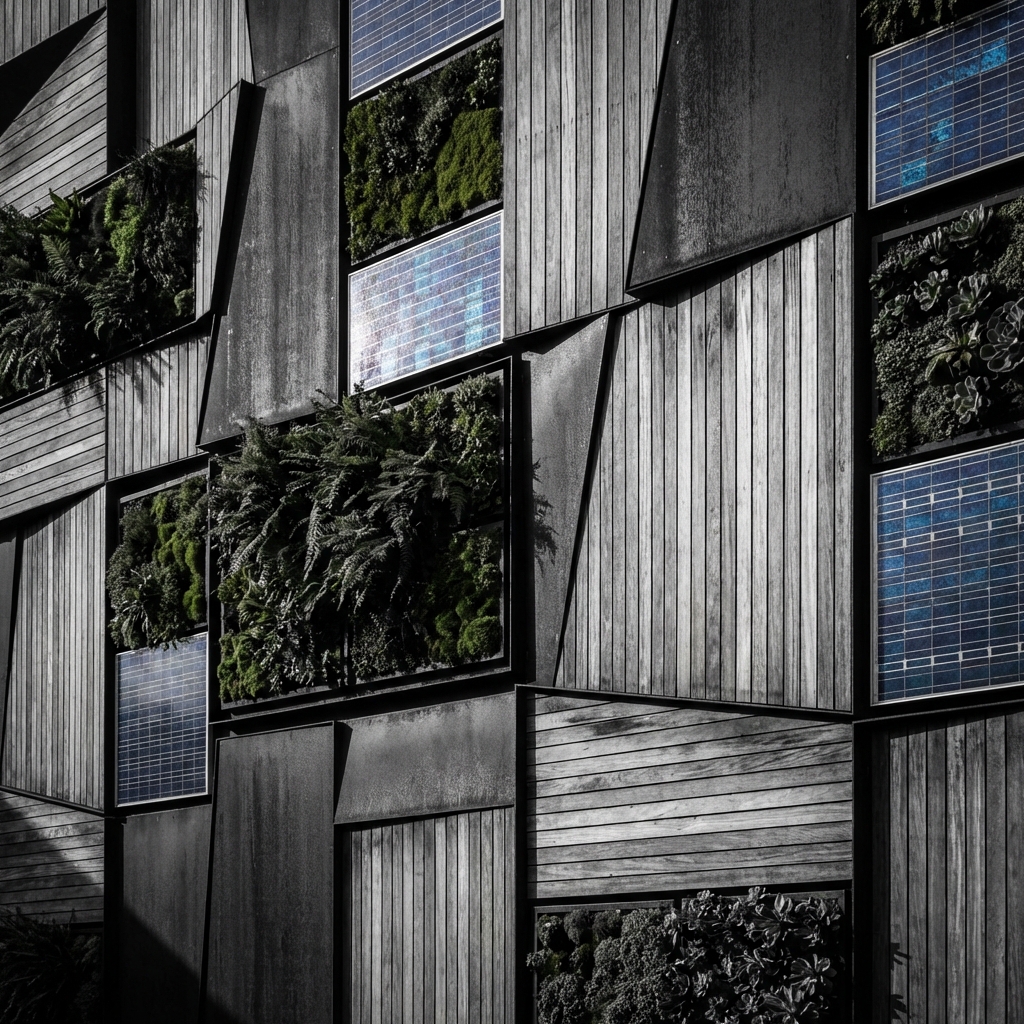 Sustainability - Architectural geometry with solar panels and living walls
